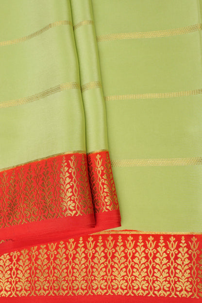 Gold Stripes Mysore Silk Sarees in Light Green with Red and Gold Border