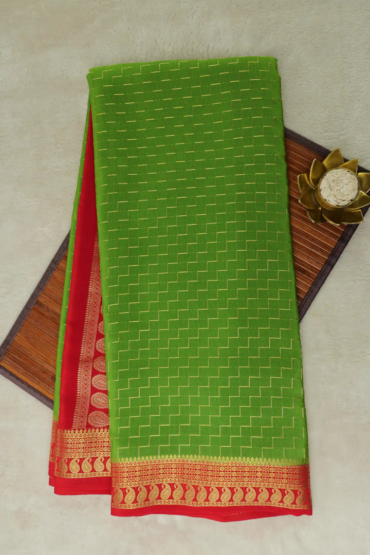 Gold Zari Mysore Silk Saree In Green And Red