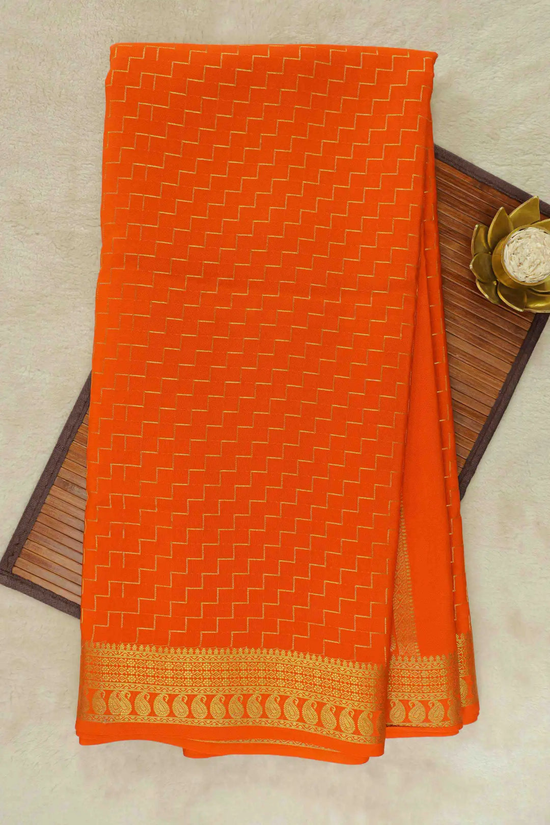 Gold Zari Mysore Silk Saree In Orange with gold border