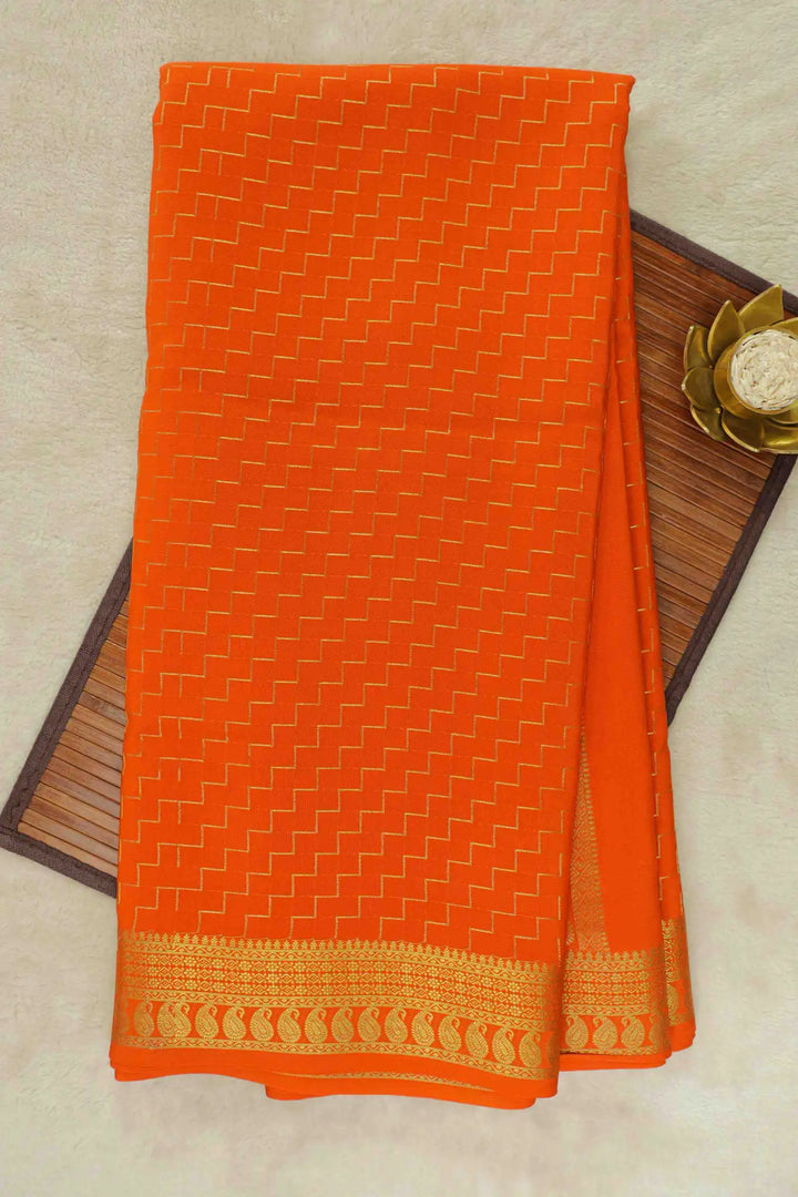 Gold Zari Mysore Silk Saree In Orange with gold border