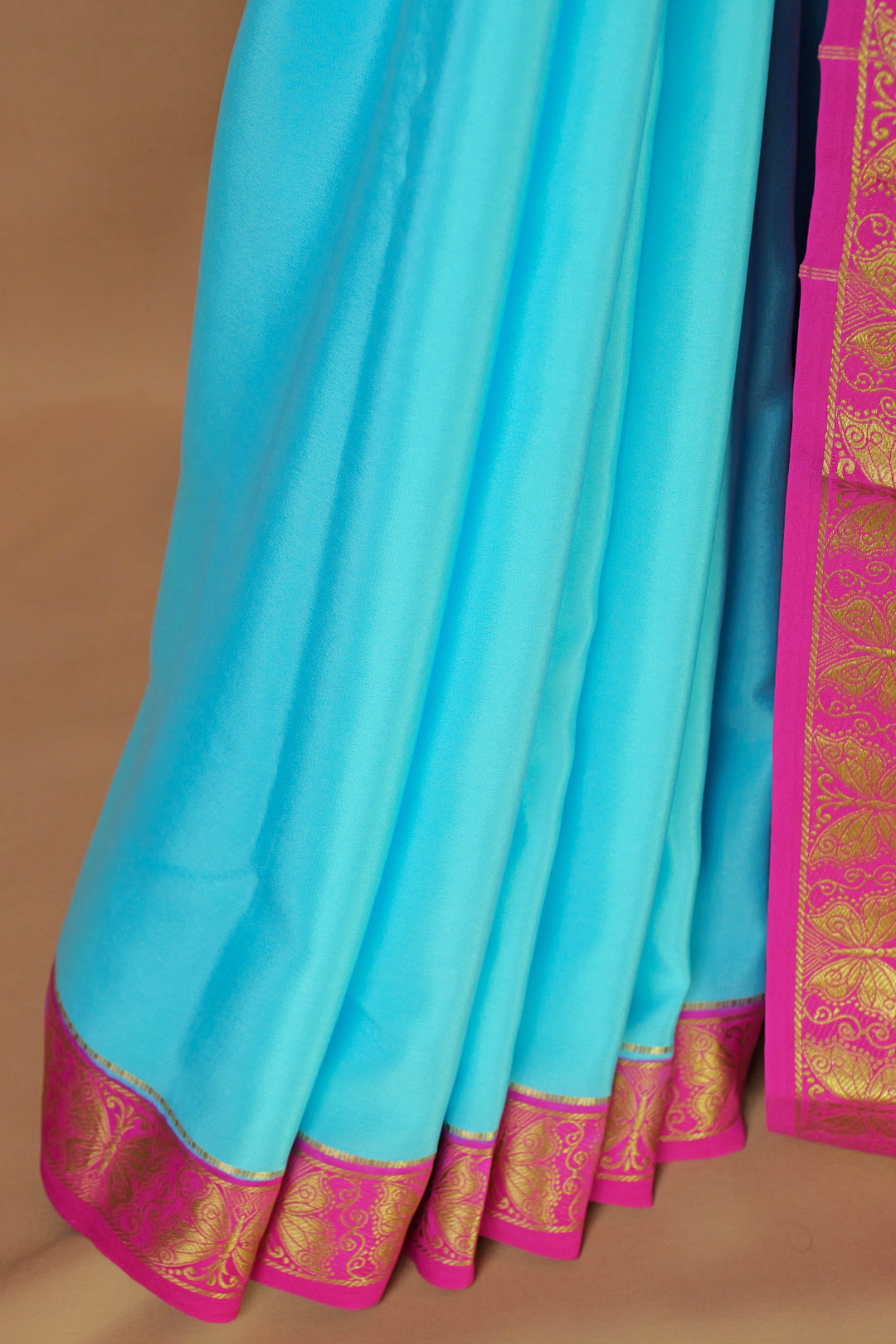 Gold bordered blue and pink Mysore silk saree – Atharva