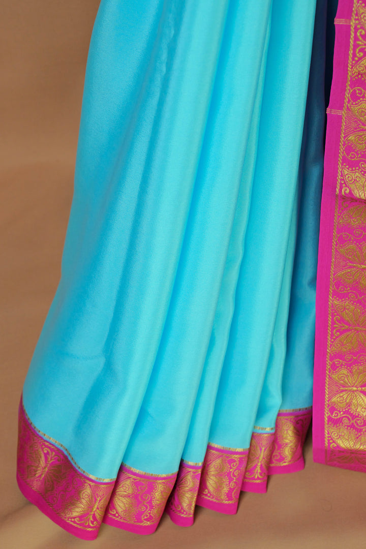 Gold bordered blue and pink Mysore silk saree – Atharva