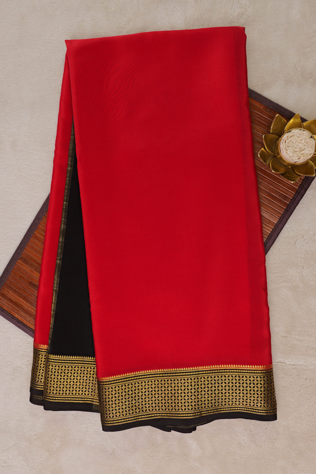Gold bordered red Mysore Crepe silk saree