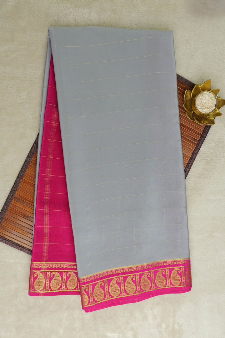 Gray Mysore silk sarees with pink and gold border