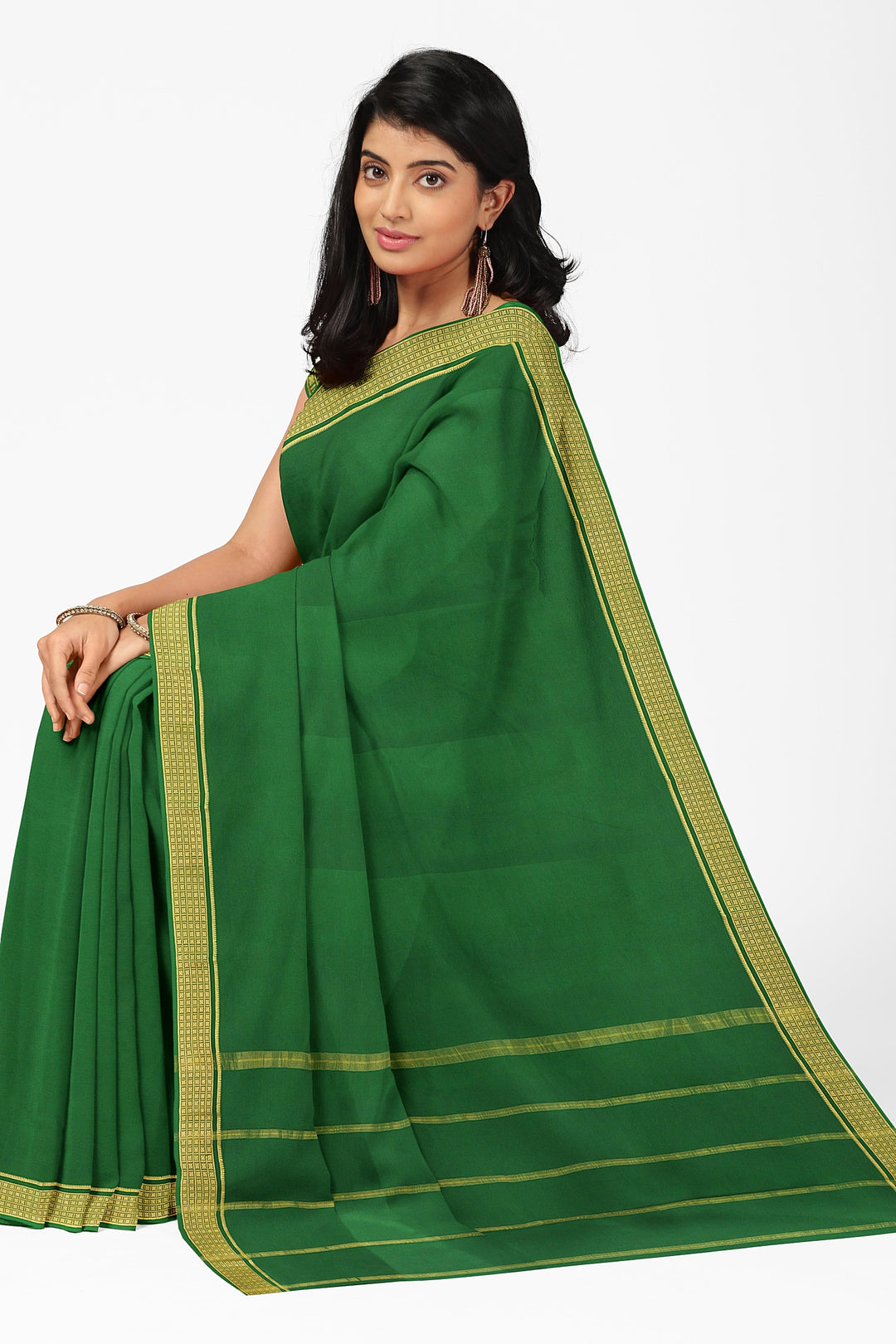 Dark Green Pure Mysore Crepe Silk Saree | SILK MARK CERTIFIED