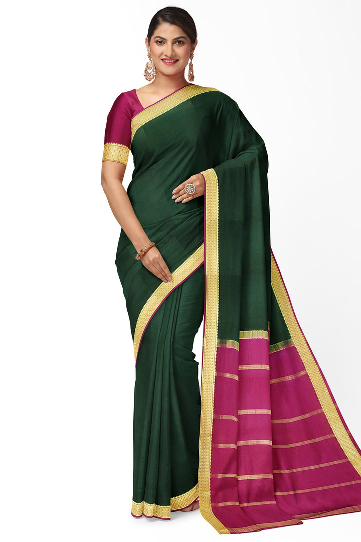 Dark Green Pure Mysore Crepe Silk Saree | SILK MARK CERTIFIED