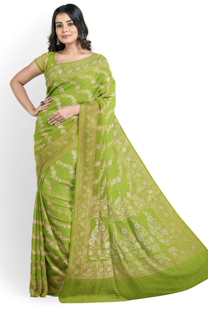 GREEN COLOUR BLENDED KATAN SILK BANARASI HANDLOOM SAREE - ATHARVA