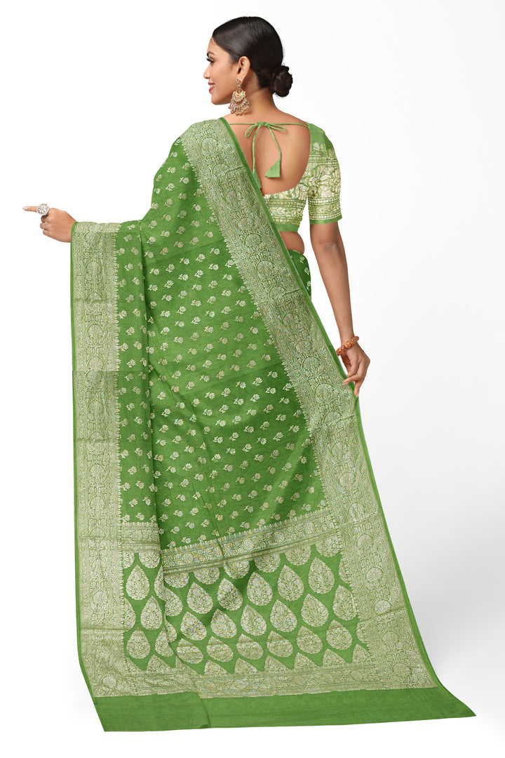 GREEN COLOUR BLENDED CHANDERI SILK BANARASI HANDLOOM SAREE