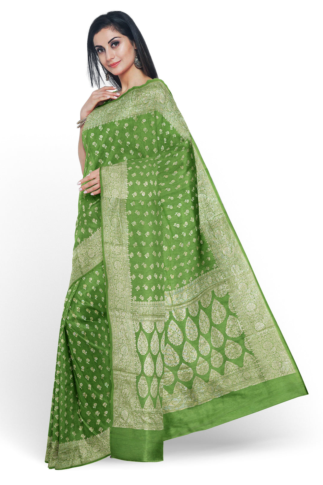 GREEN COLOUR BLENDED CHANDERI SILK BANARASI HANDLOOM SAREE