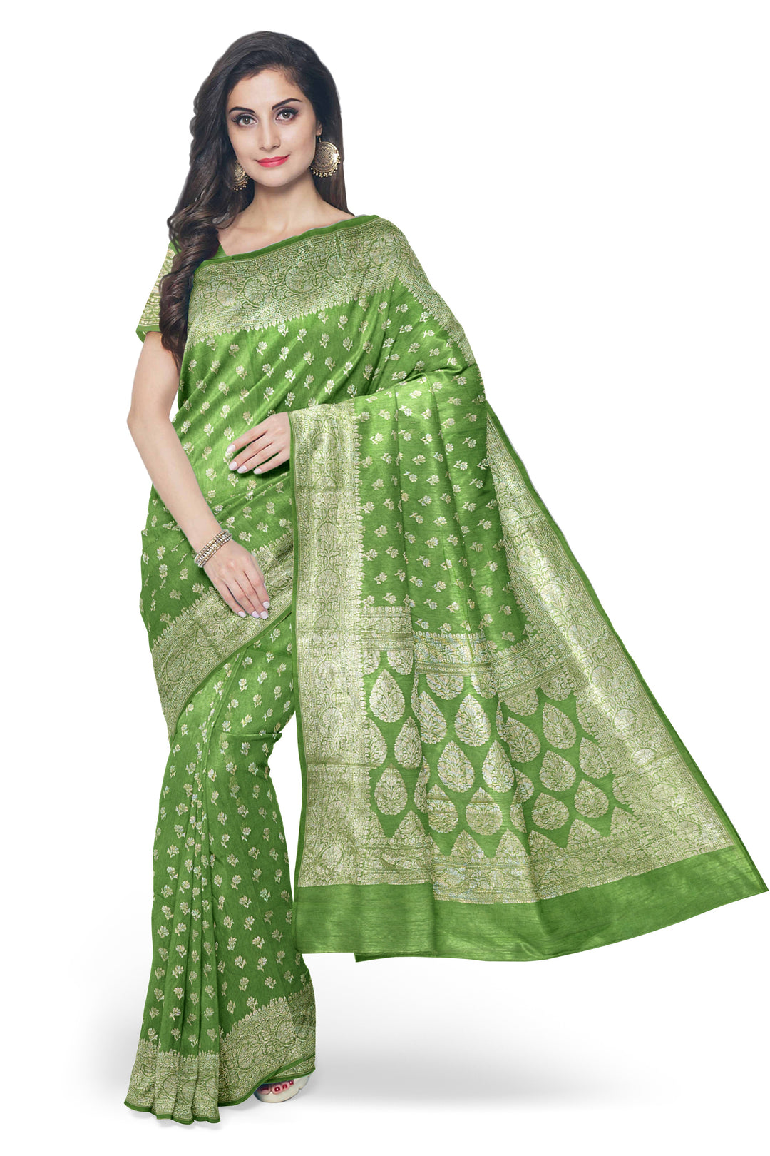 GREEN COLOUR BLENDED CHANDERI SILK BANARASI HANDLOOM SAREE