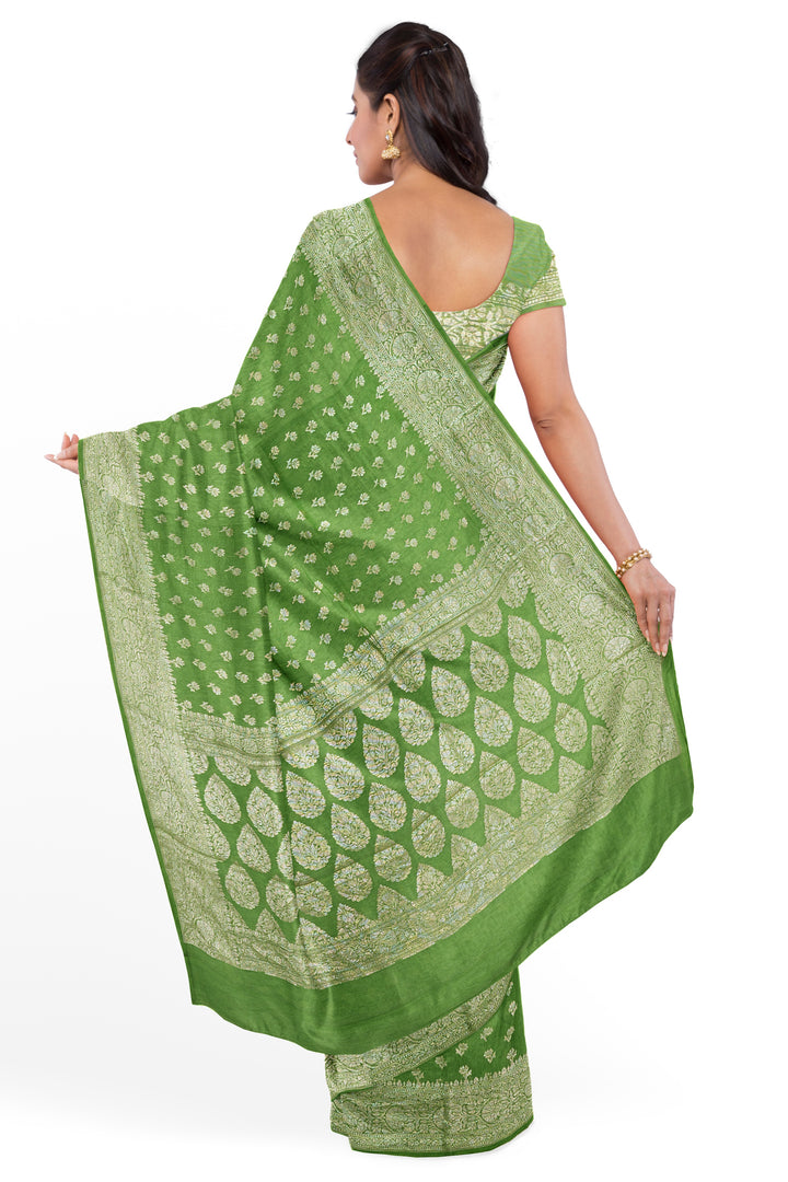 GREEN COLOUR BLENDED CHANDERI SILK BANARASI HANDLOOM SAREE