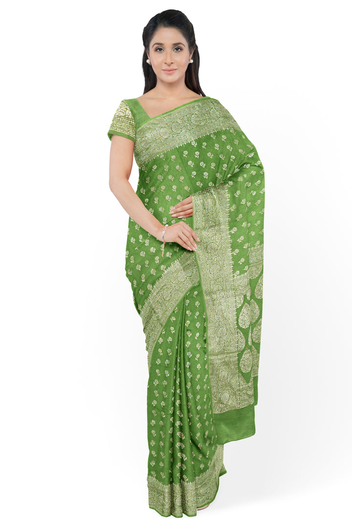 GREEN COLOUR BLENDED CHANDERI SILK BANARASI HANDLOOM SAREE