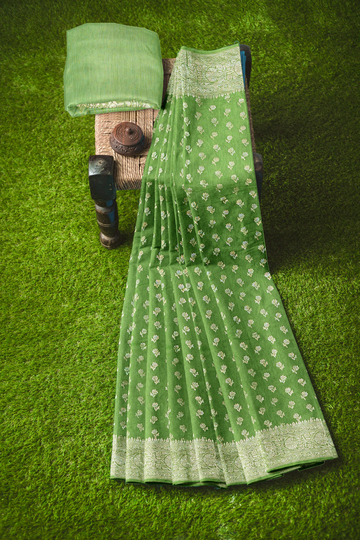 GREEN COLOUR BLENDED CHANDERI SILK BANARASI HANDLOOM SAREE