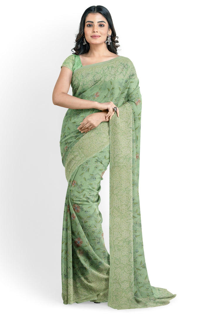 HANDWOVEN PASTEL MINT GREEN ORGANZA SILK SAREE - ATHARVA