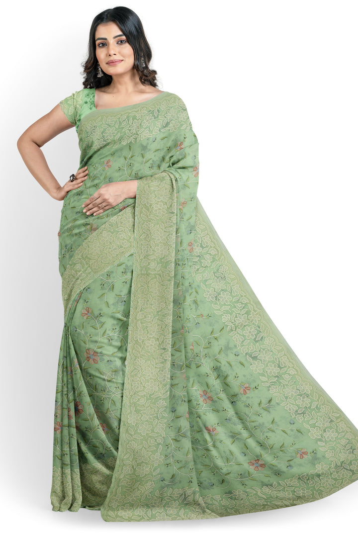 HANDWOVEN PASTEL MINT GREEN ORGANZA SILK SAREE - ATHARVA