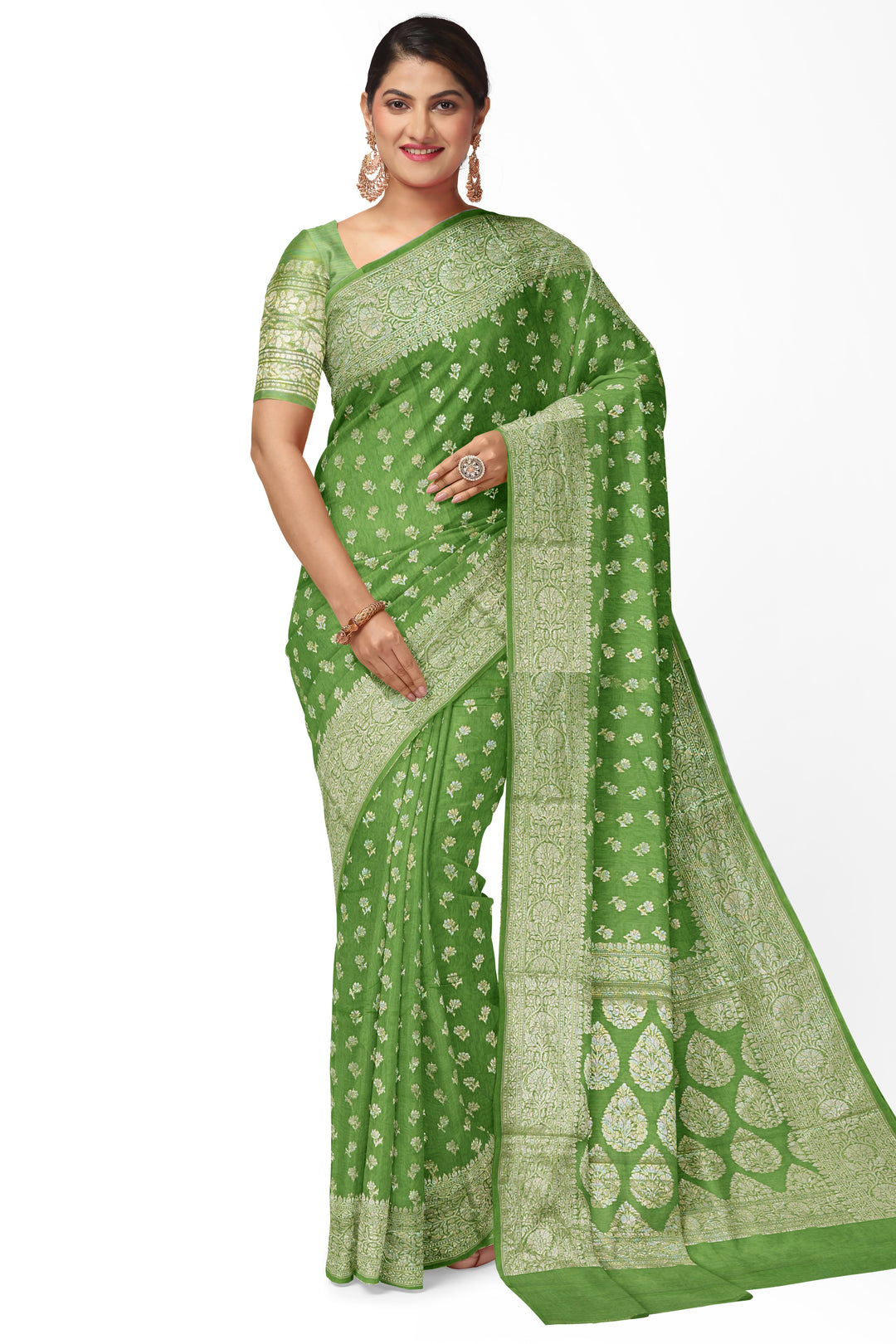 GREEN COLOUR BLENDED CHANDERI SILK BANARASI HANDLOOM SAREE