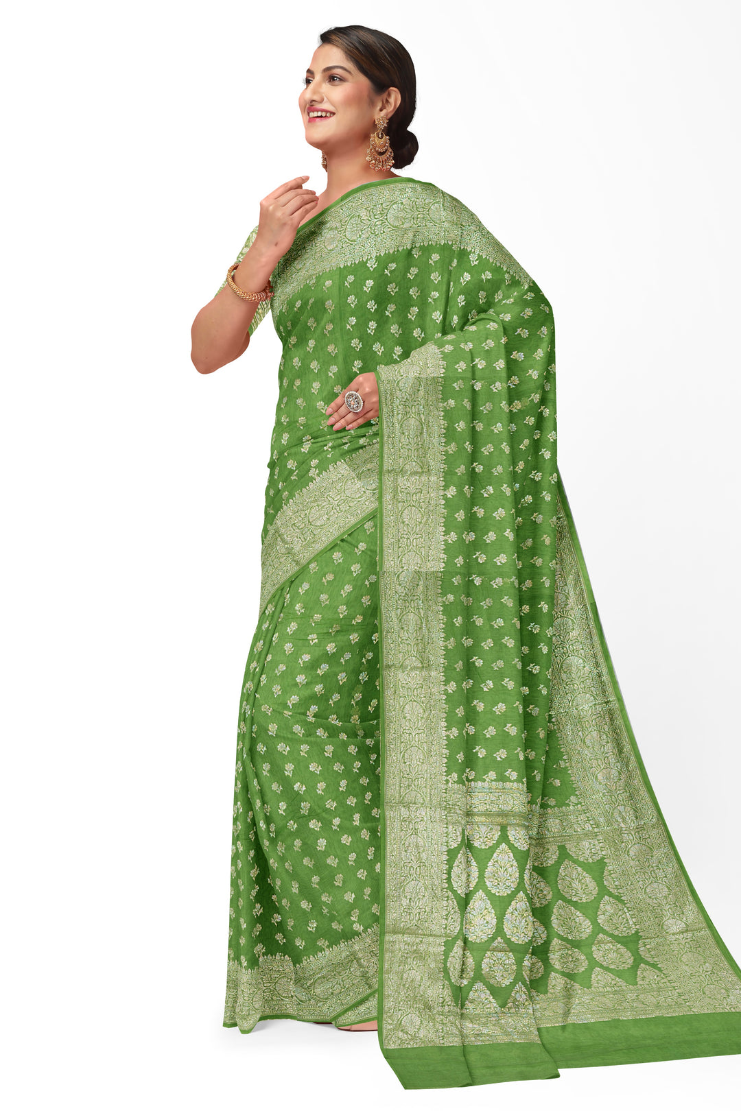 GREEN COLOUR BLENDED CHANDERI SILK BANARASI HANDLOOM SAREE