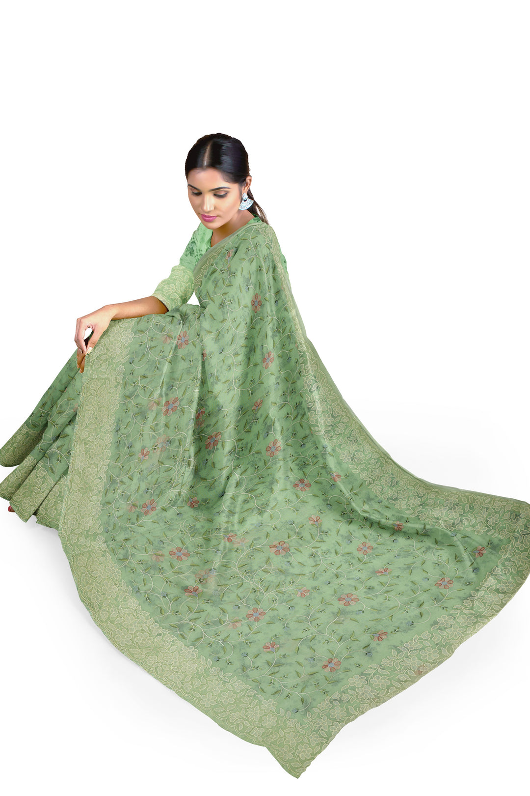 HANDWOVEN PASTEL MINT GREEN ORGANZA SILK SAREE - ATHARVA