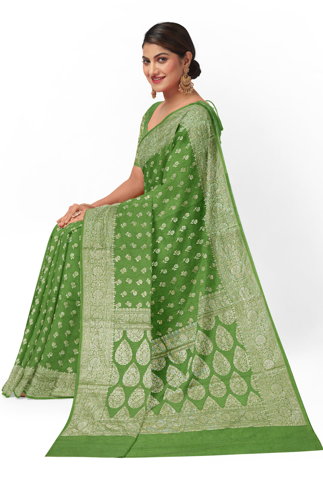 GREEN COLOUR BLENDED CHANDERI SILK BANARASI HANDLOOM SAREE