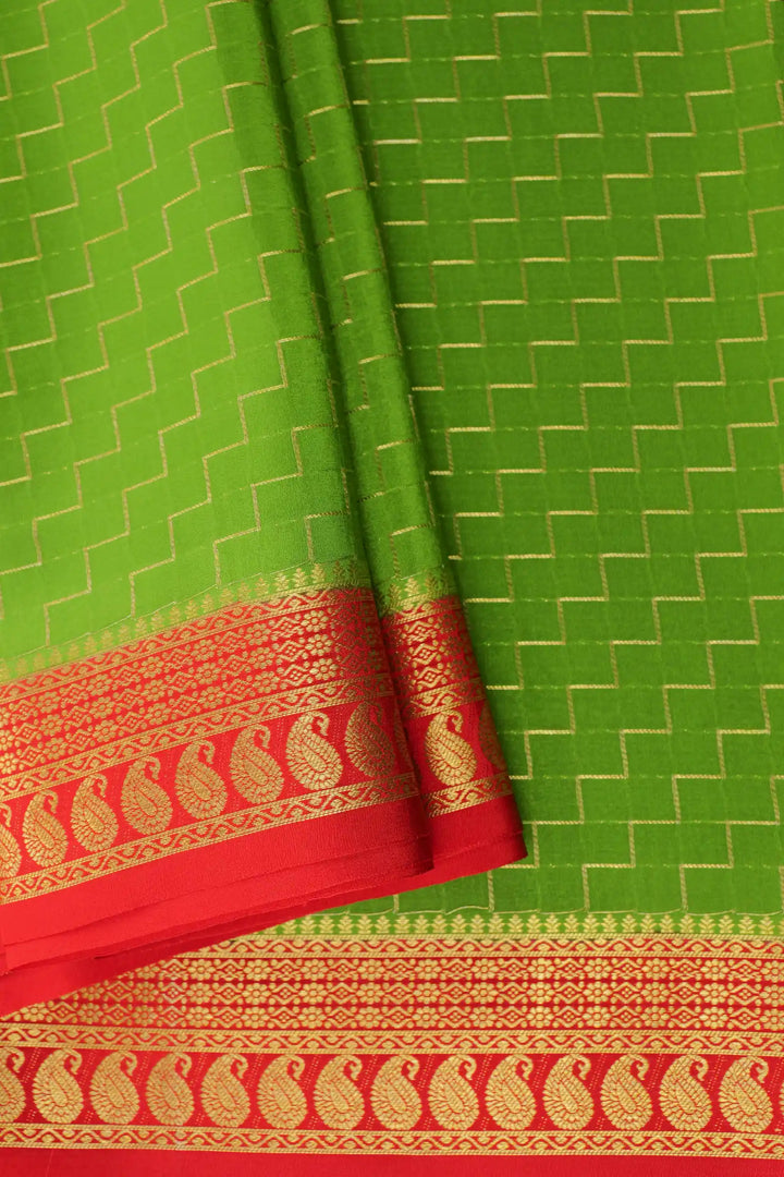 Green Gold Zari Mysore Silk Saree With Red And Golden patterns
