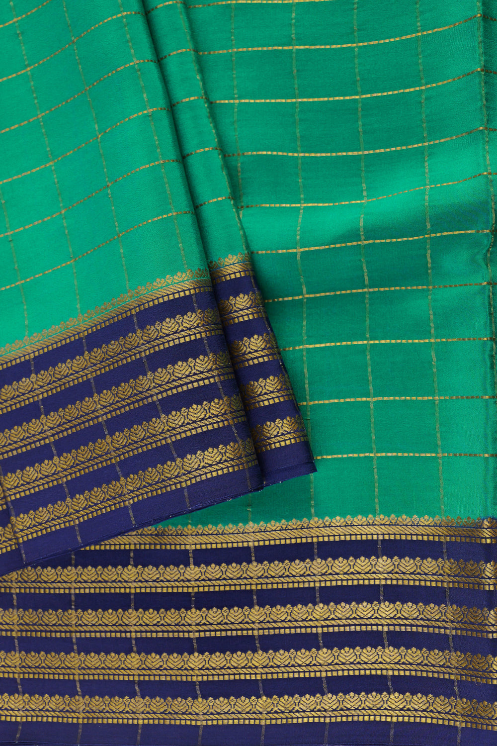 Green Mysore Silk Saree with Blue Border, Golden Zari Work