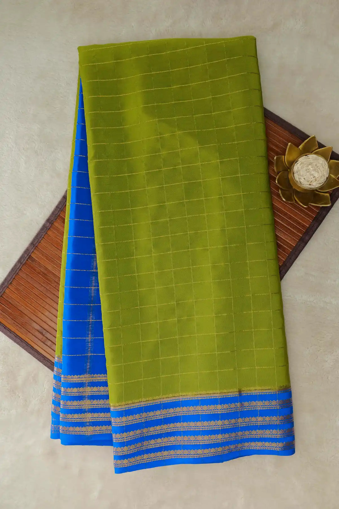 Green Mysore Silk Saree with Blue Gold Border
