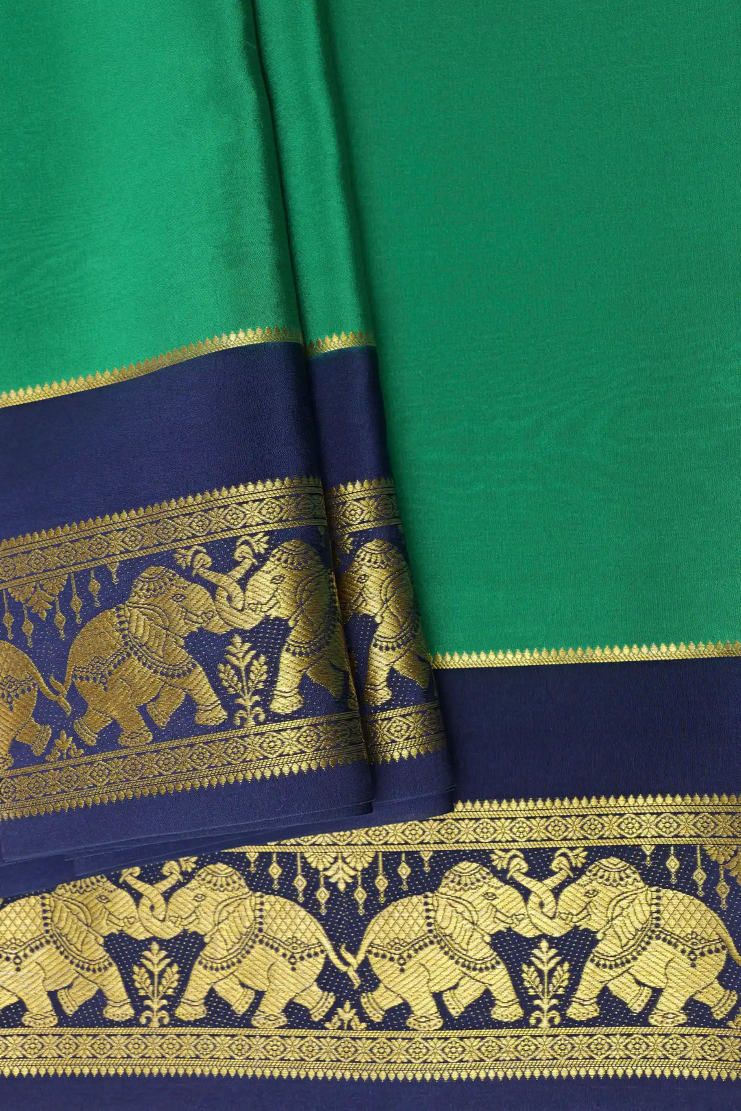 Green Mysore Silk Saree with Blue and Elephant Border