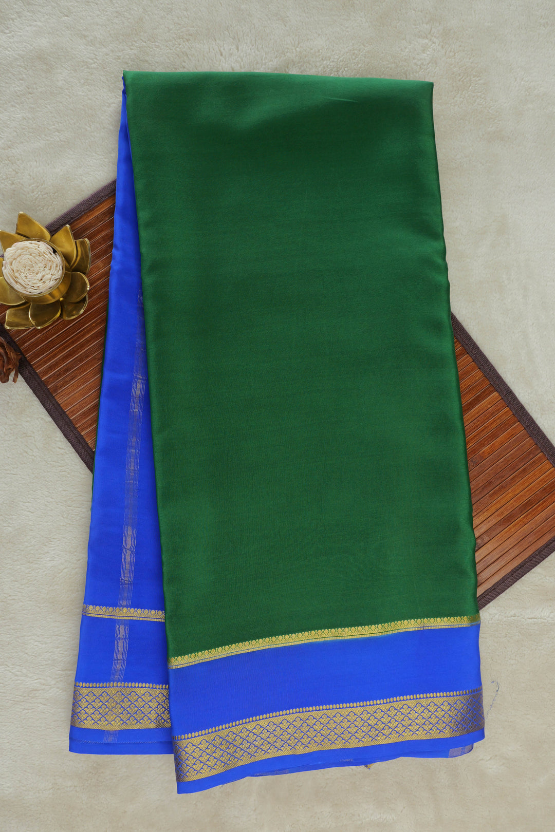 Green Mysore Silk Saree with Contrasting Blue Border