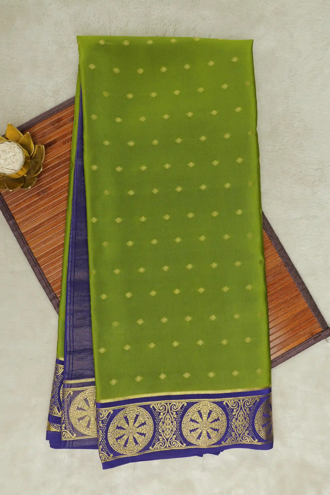 Green Mysore Silk Saree with Purple Border and Gold Zari Motifs