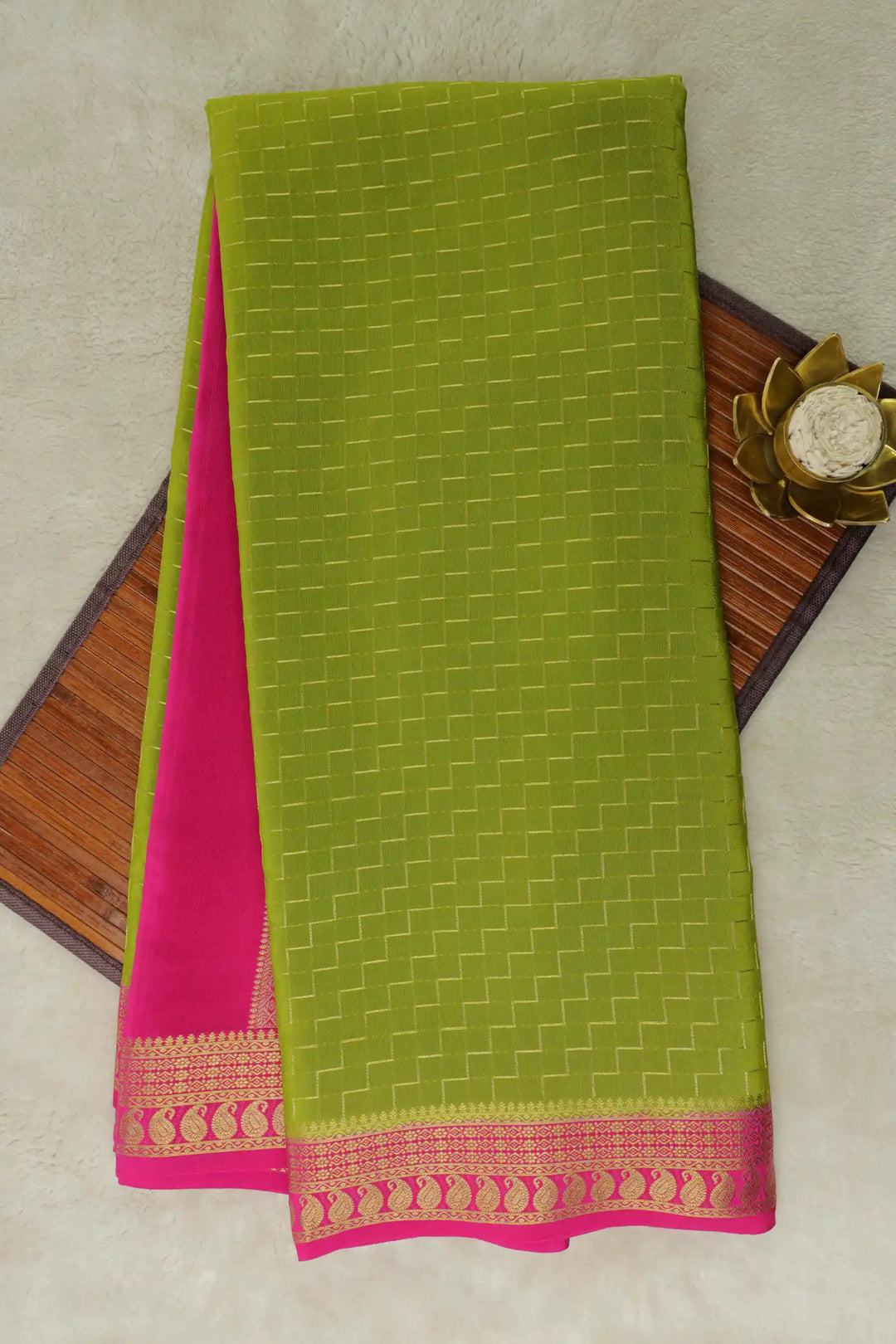 Green Mysore Silk Saree with pink border.