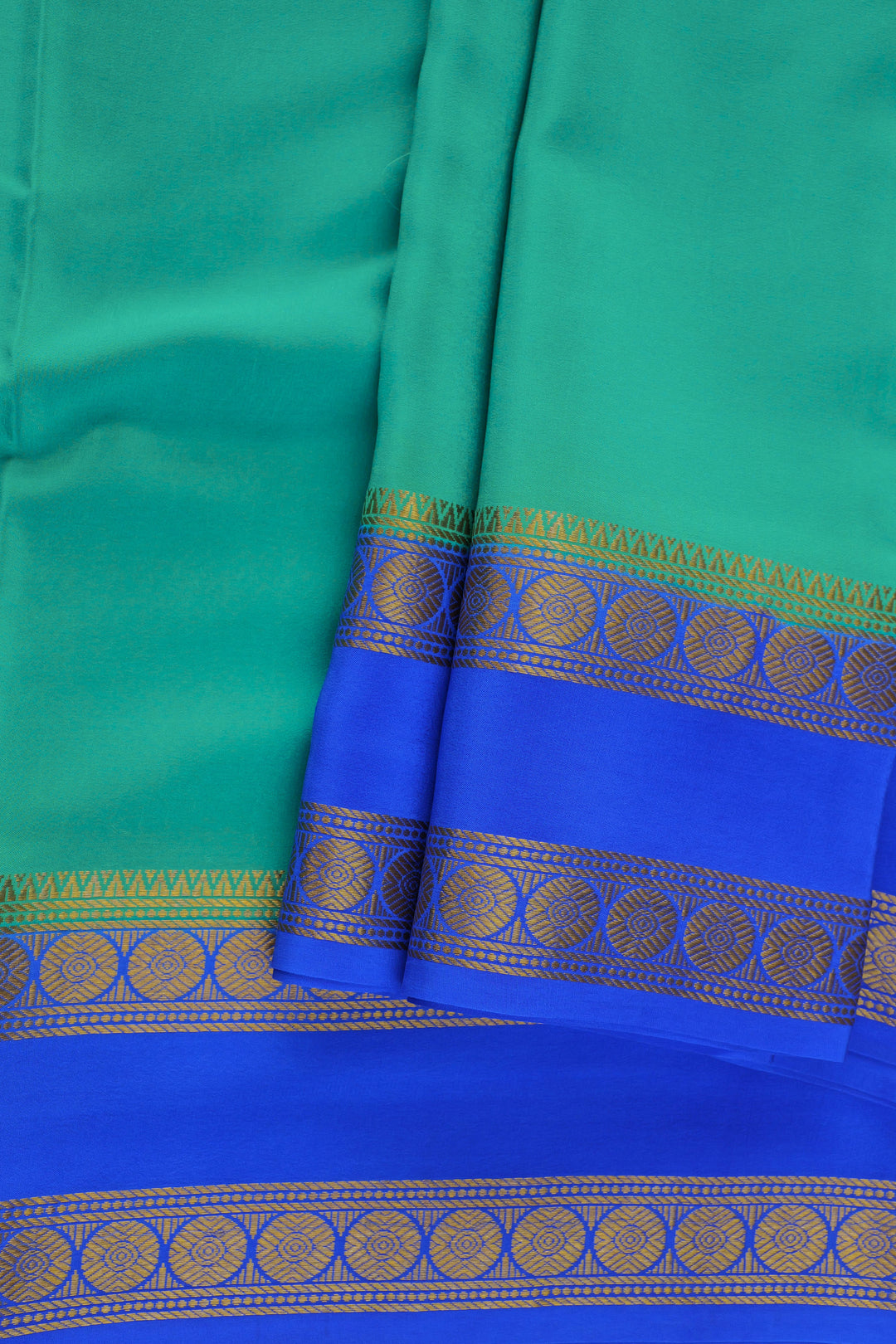 Green Mysore silk saree with Blue and gold border