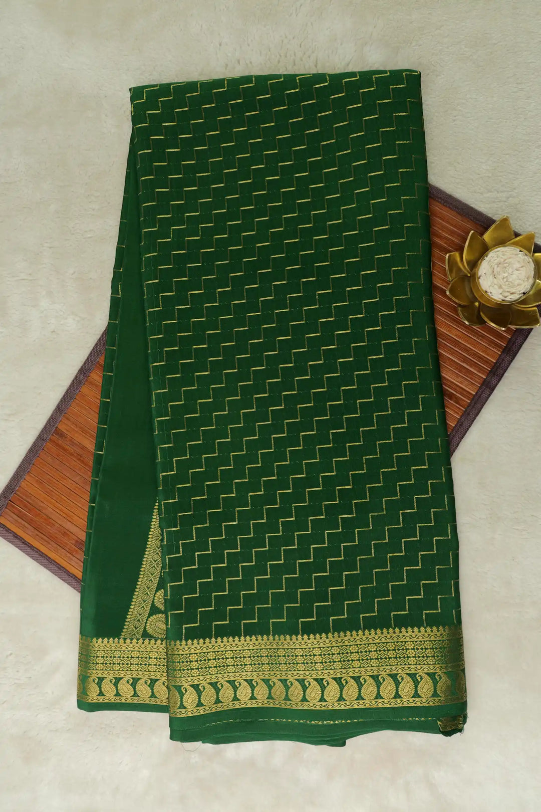 Green Mysore silk saree with gold zigzag patterns