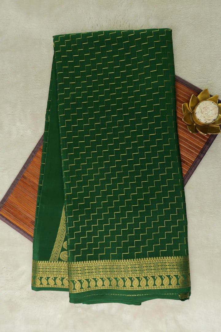 Green Mysore silk saree with gold zigzag patterns