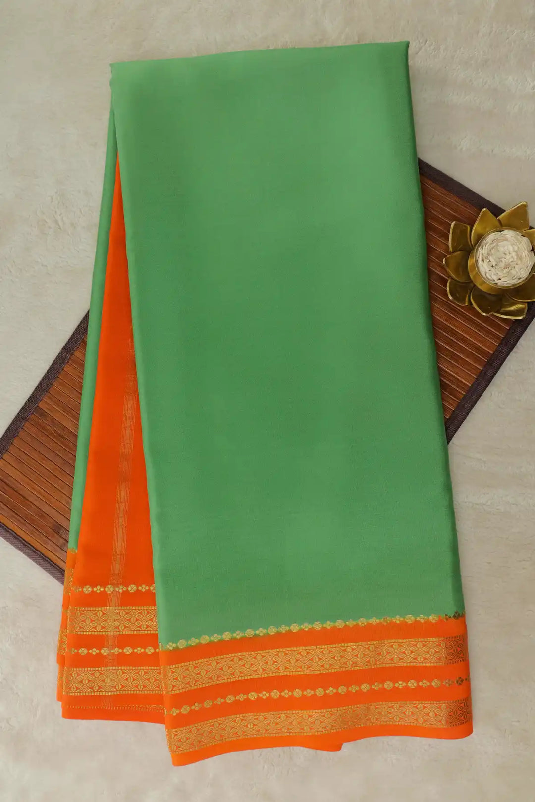 Green Mysore silk saree with orange border and gold zari