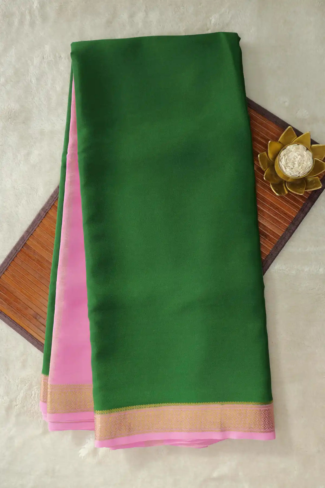 Green Mysore silk saree with pink border and gold zari
