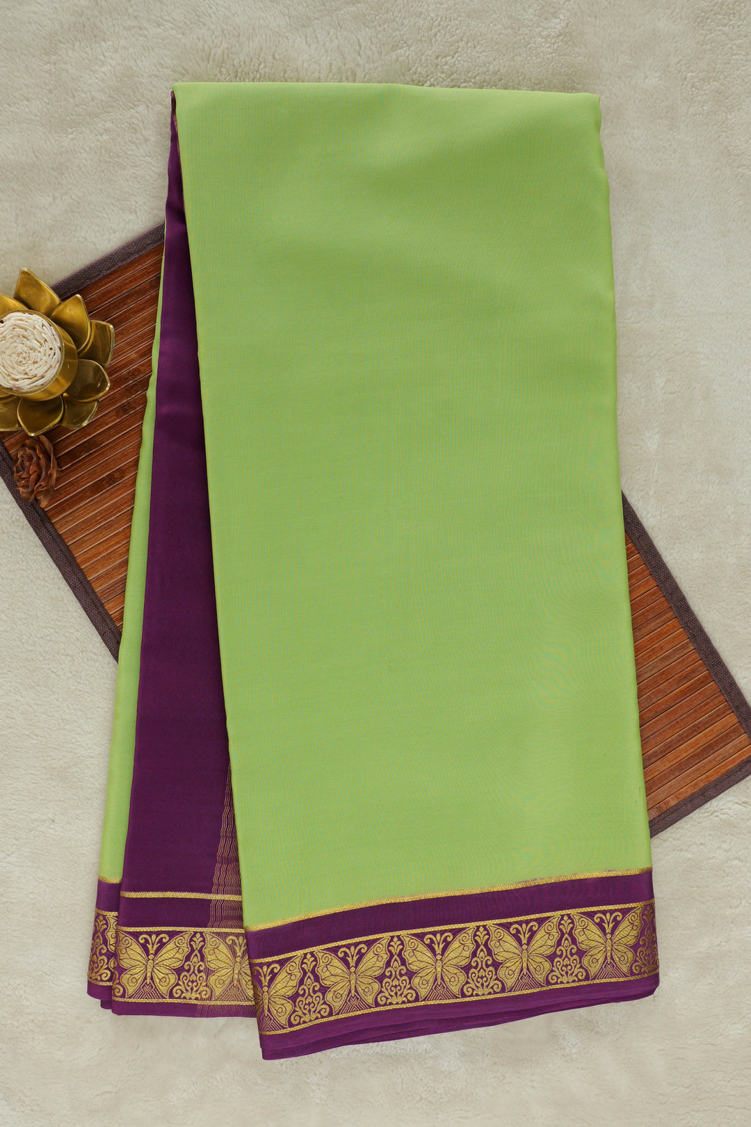 Green Mysore silk saree with purple zari border