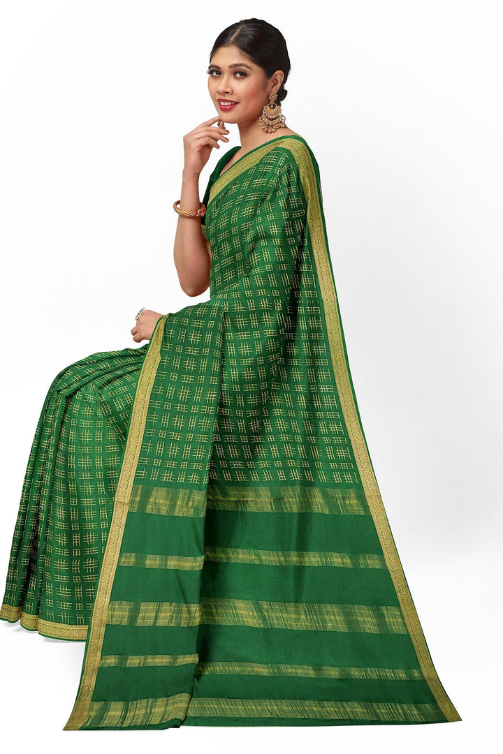 Dark Green Checks Pure Mysore Crepe Silk Saree | SILK MARK CERTIFIED