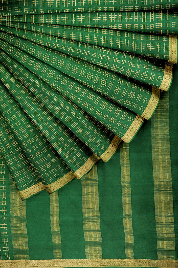 Dark Green Checks Pure Mysore Crepe Silk Saree | SILK MARK CERTIFIED