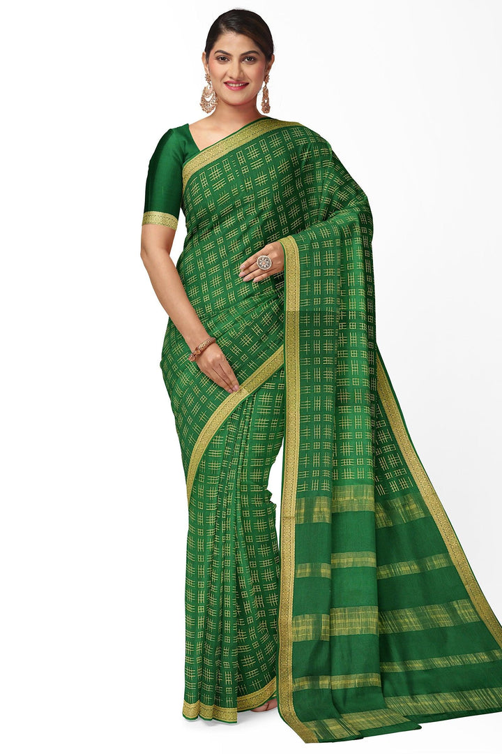 Dark Green Checks Pure Mysore Crepe Silk Saree | SILK MARK CERTIFIED