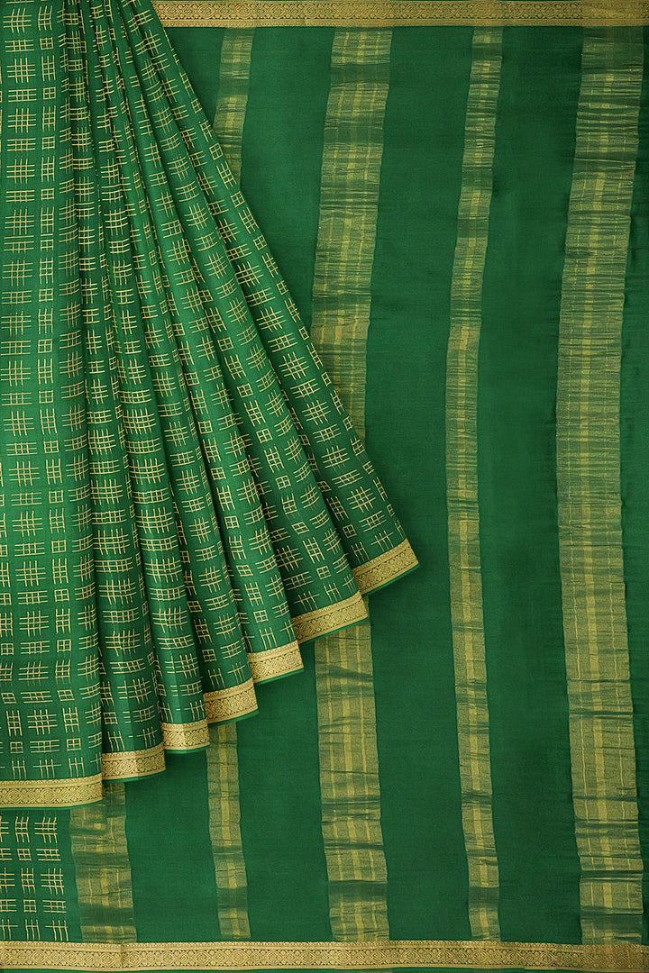 Dark Green Checks Pure Mysore Crepe Silk Saree | SILK MARK CERTIFIED