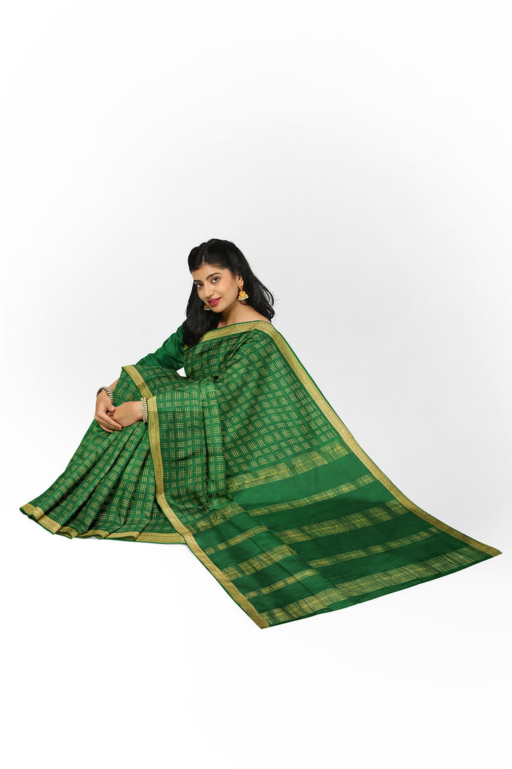 Dark Green Checks Pure Mysore Crepe Silk Saree | SILK MARK CERTIFIED