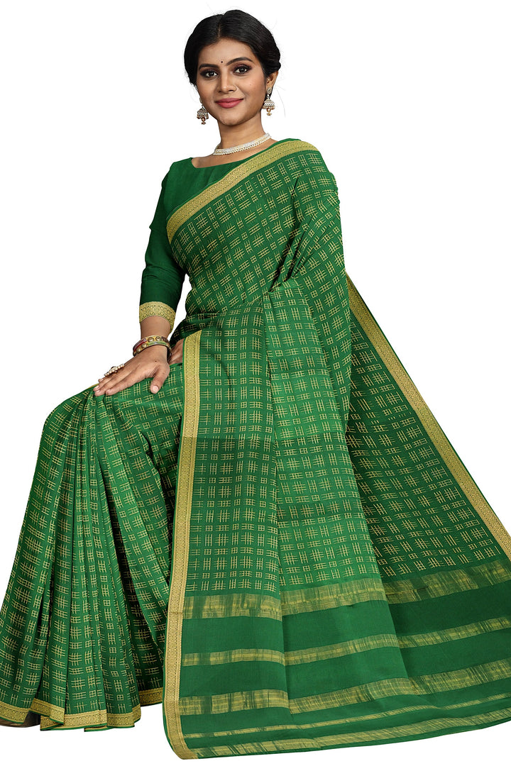 Dark Green Checks Pure Mysore Crepe Silk Saree | SILK MARK CERTIFIED