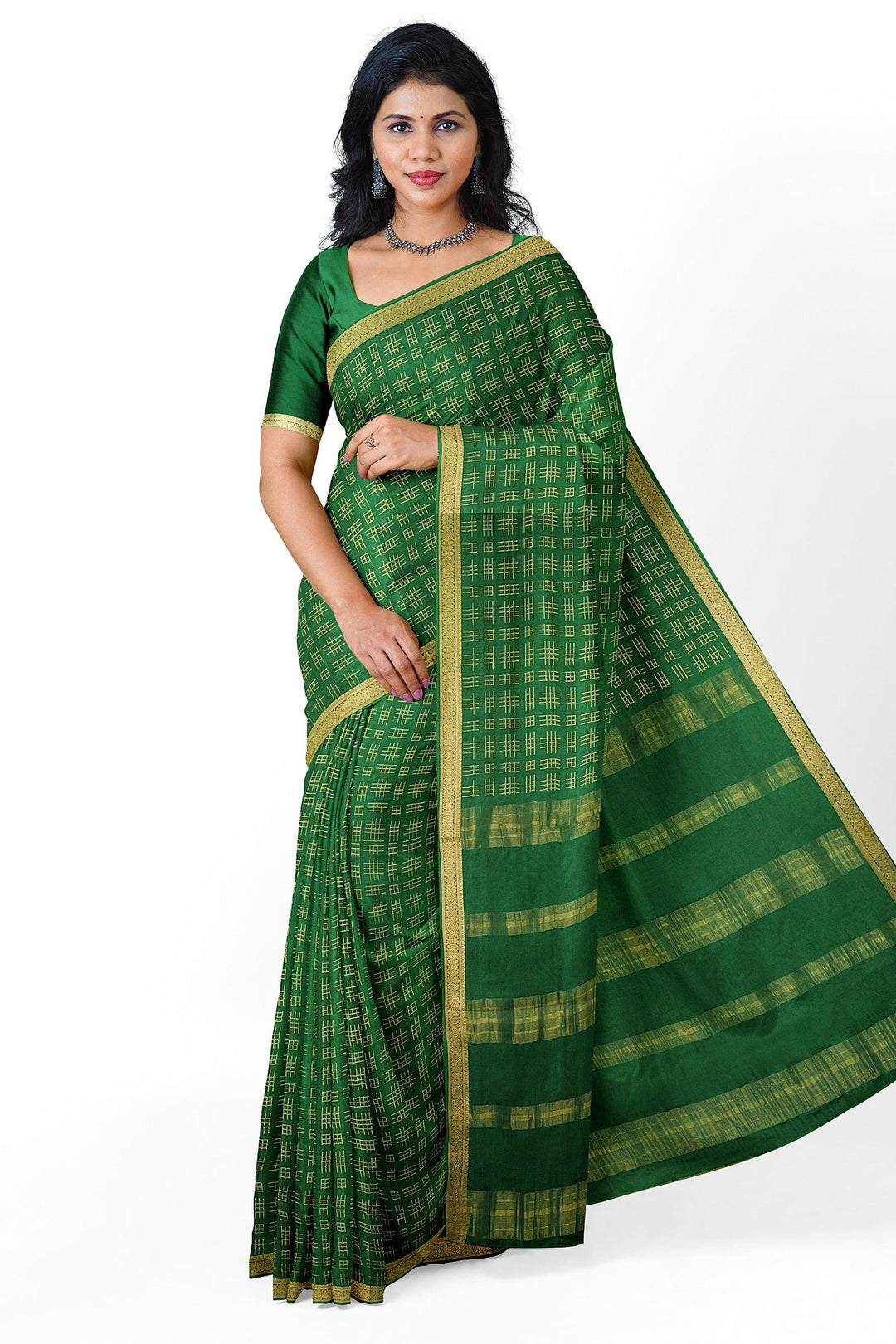 Dark Green Checks Pure Mysore Crepe Silk Saree | SILK MARK CERTIFIED