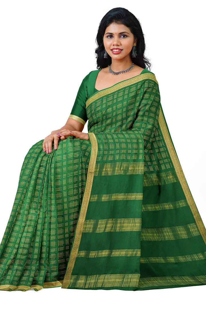 Dark Green Checks Pure Mysore Crepe Silk Saree | SILK MARK CERTIFIED