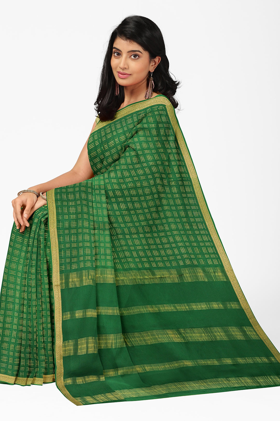 Dark Green Checks Pure Mysore Crepe Silk Saree | SILK MARK CERTIFIED