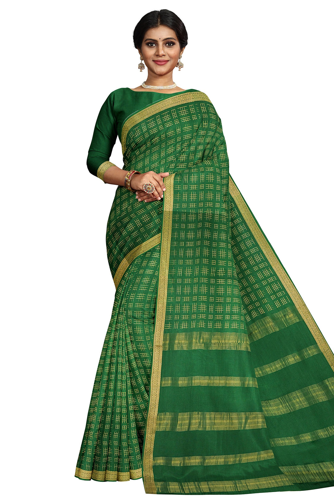 Dark Green Checks Pure Mysore Crepe Silk Saree | SILK MARK CERTIFIED