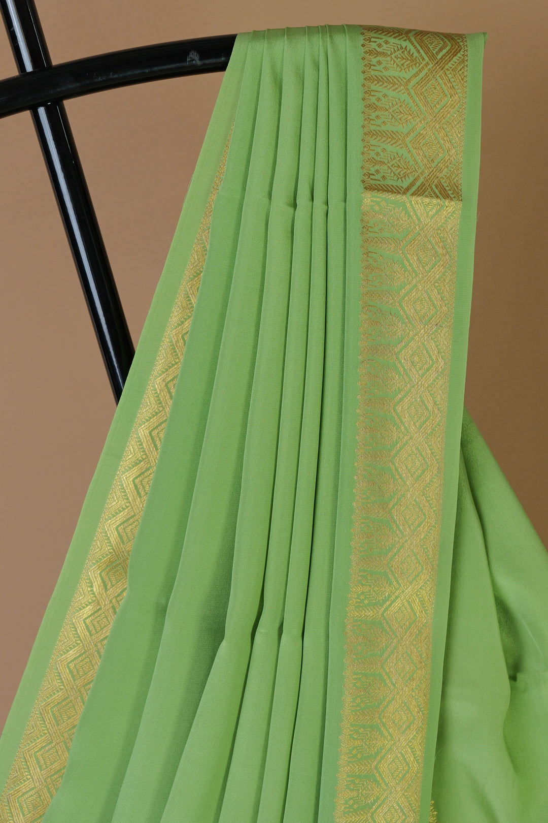 Green Pure Mysore Crepe Silk Saree with gold detailing - ATHARVA