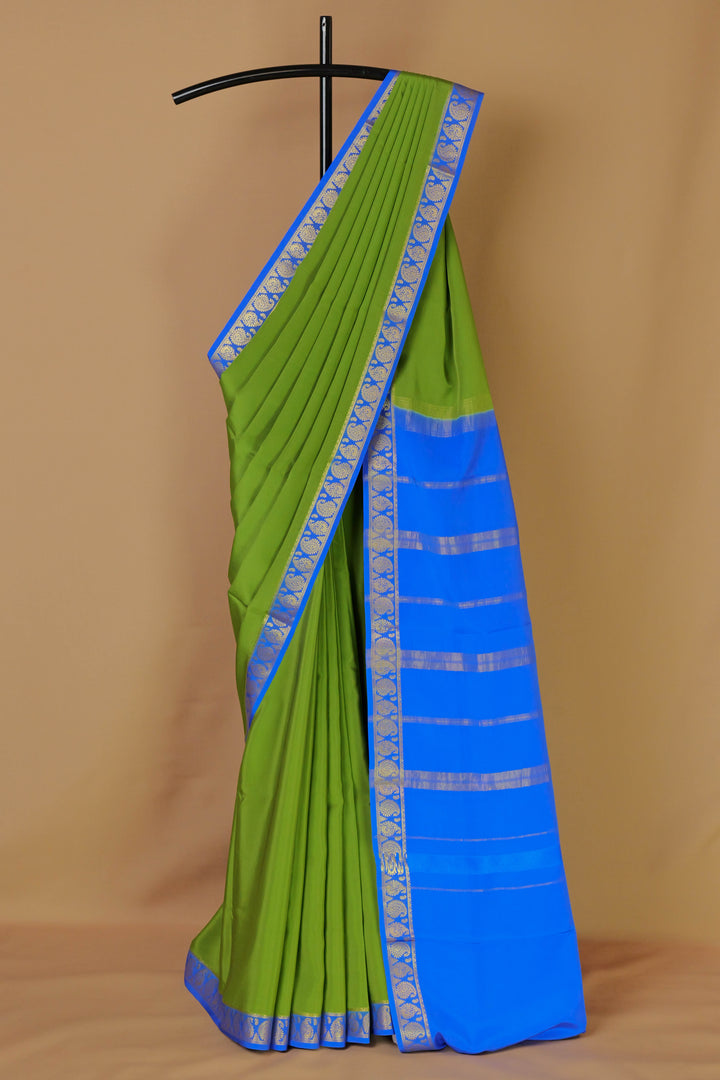 Green and royal blue Mysore crepe silk saree – Atharva