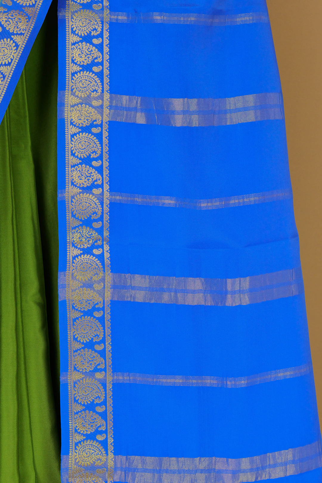 Green crepe Mysore silk saree with Contrast royal blue pallu – Atharva