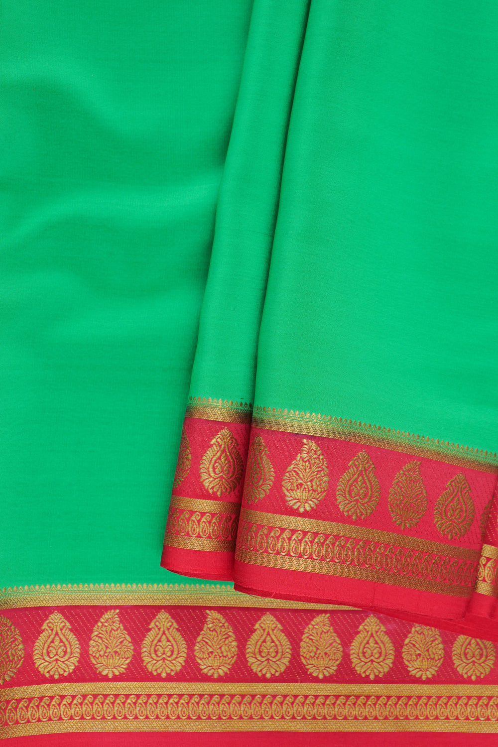 Green pure Mysore silk saree with red and gold zari border
